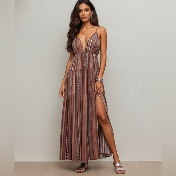 By Design Dresses & Skirts - Boho Rust Tribal Print Split Thigh Tie Backless Dress